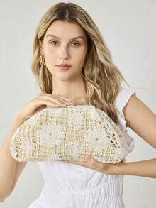 MOTF PREMIUM WOMEN'S FASHIONABLE SEQUIN CLUTCH PURSE, BAG FOR WOMEN ELEGANT, LUXURY, PERFECTLY MATCHING WITH PROM DRESSES FOR WOMEN, PROM ACCESSORIES,SPARKLY ELEGANT FOR WOMEN, PROM BAG FOR PARTY - apricot straw weaving - View 5