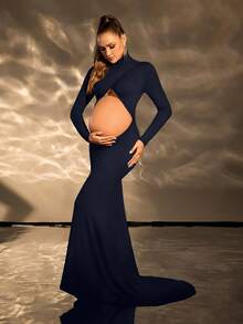 Cheriluna Maternity Đầm chụp ảnh dài tay màu trơn tối giản dành cho bà bầu - Xanh đậm - Xem 4