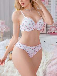 PetitDoll 2pcs/Set Ditsy Floral Ruffled Trim Underwire Bra Set - Multicolor - View 7