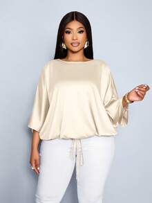 SOLERSUN Blusa holgada y elegante de satén con mangas de murciélago y dobladillo con cordón, para uso casual y de fiesta - Champán - Ver 5