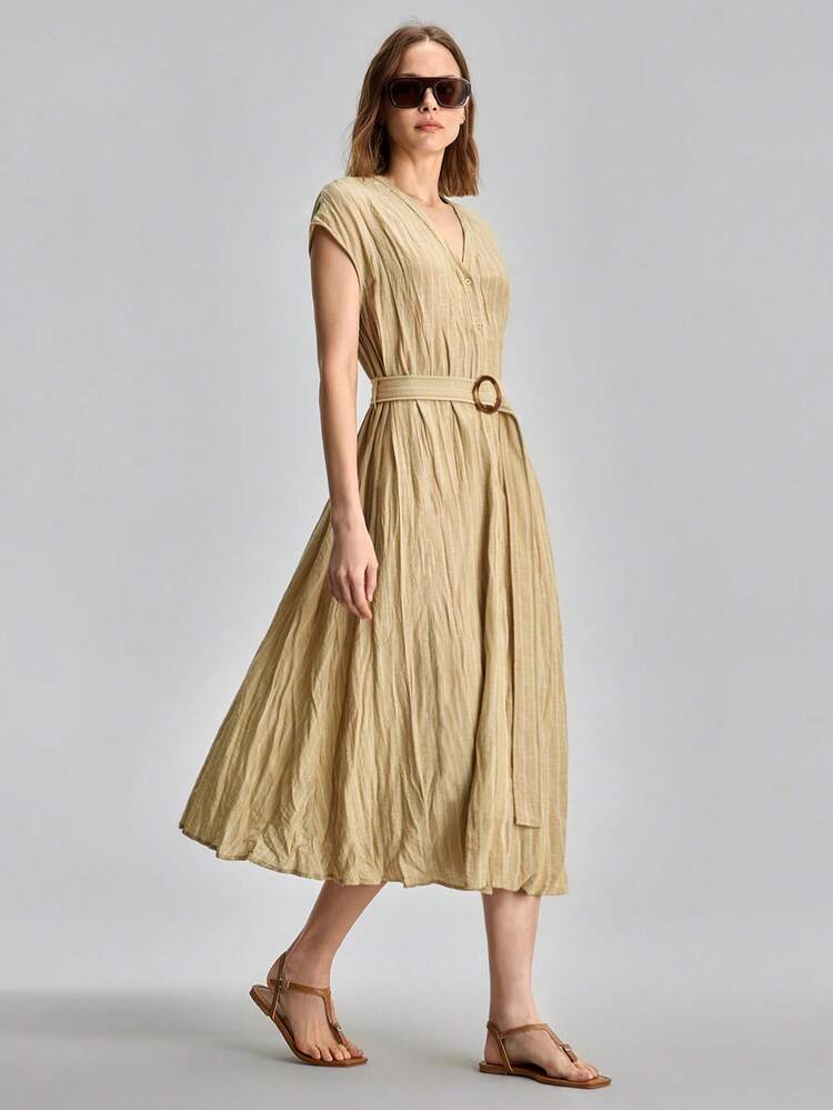 Women's Beige And Comfortable Fabric Fitted V-Neck Cap Sleeve Dress With Side Pockets, Detachable Belt, A-Line Hem, Versatile For All Seasons, Chic Urban Casual Business Commuter Dress, High-Quality Airport Fashion All-Season Versatile Modern Urban Fashion Business Casual Women's Wear Office Attire Understated Old-Money Style, Elegant And Sophisticated, High-Quality Commuter And Airport Clothes Day Summer All-Season Versatile Modern Urban Fashion Business Casual Women's Wear Office Attire Unders