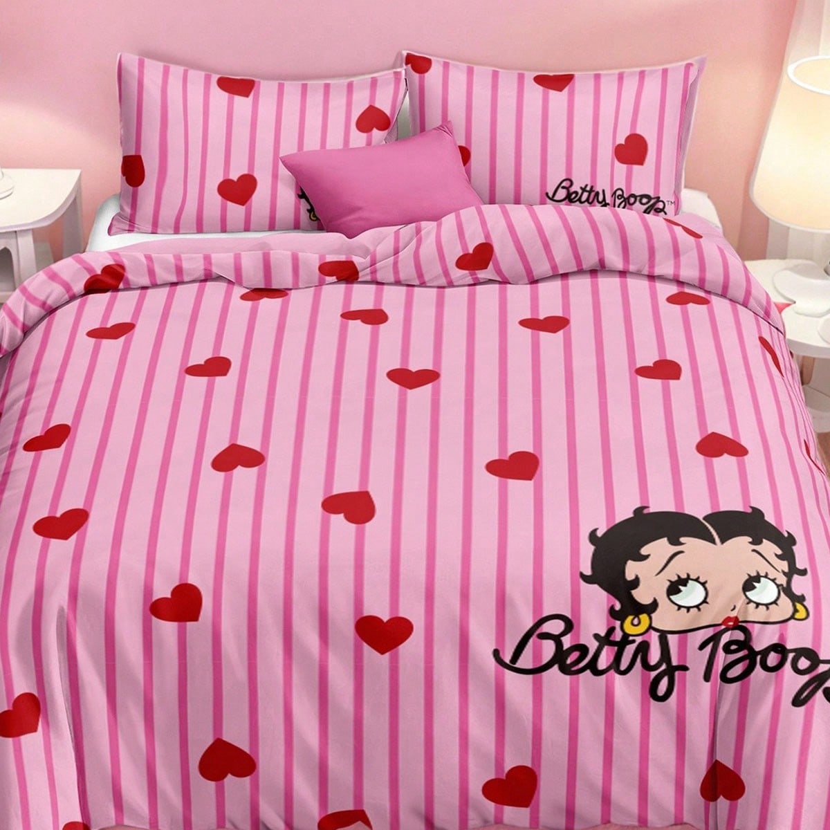 Juego de edredón decorativo de 3 piezas con rayas rosas y patrón de personajes de dibujos animados, de material suave y cálido, adecuado para cama