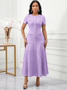 SHEIN Lady 女士纽扣设计圆领短袖优雅长裙 - 紫色 - 查看 7