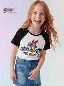 THE POWERPUFF GIRLS X SHEIN Maija Kids 1件少女休闲卡通图案撞色插肩袖T恤，适合夏季穿着 - 彩色 - 查看 6