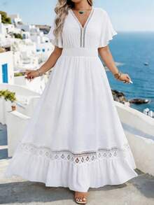 Breezaya Vestido casual romántico de encaje jacquard para mujer de talla grande, adecuado para uso diario, ir al trabajo, vacaciones, primavera/verano - Blanco - Ver 1