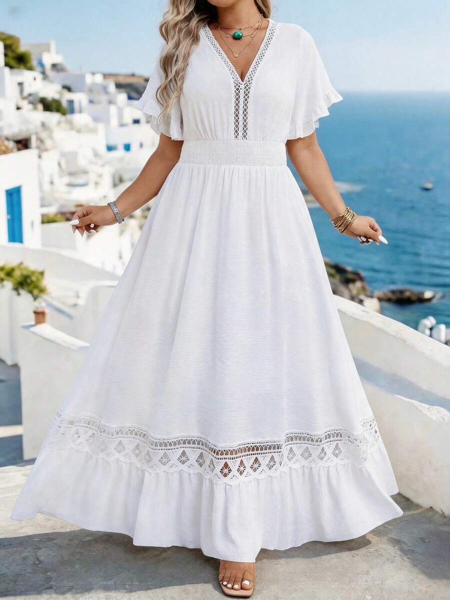Breezaya Vestido casual romántico de encaje jacquard para mujer de talla grande, adecuado para uso diario, ir al trabajo, vacaciones, primavera/verano - Blanco - Ver 1