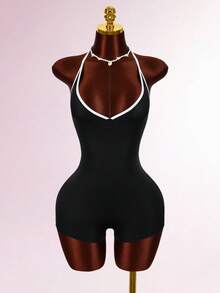 Amplova Spaghetti Strap Triangle Cup Textured Bohemian Style Backless Criss-Cross Strap Bodycon Romper - Black - View 8