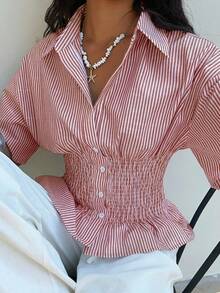 SHEIN EZwear Áo sơ mi ôm dáng kẻ sọc đỏ trắng dành cho nữ - Đỏ và trắng - Xem 6