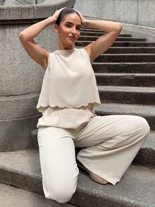 Marta Soriano 女装夏季肌肉简约日常老款风亚麻系带两件套，系带两件套，贝壳边饰无袖上衣和裤子套装，系带前教师装工作女装连衣裙两件套 - 杏色 - 查看 4