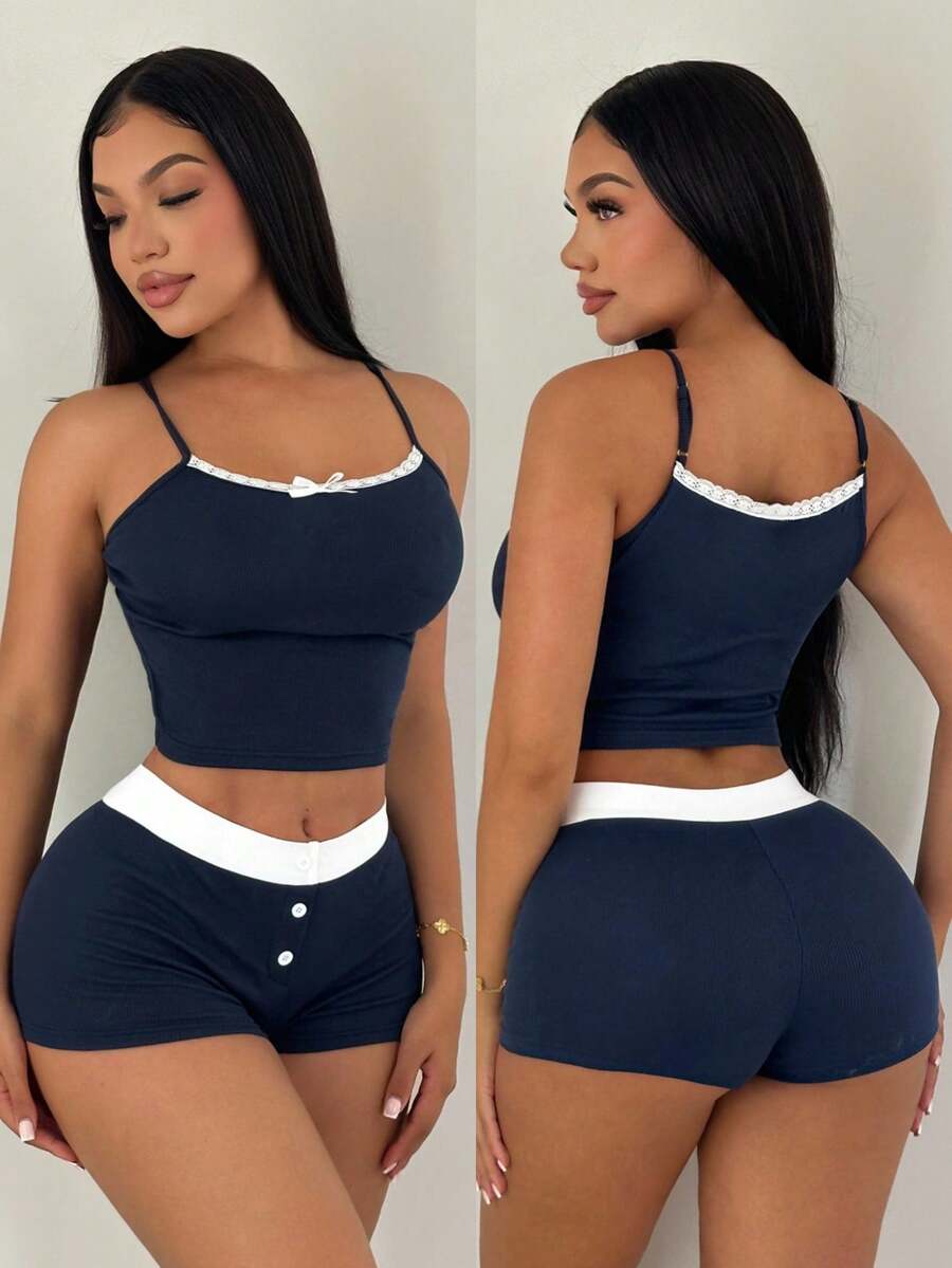 SHEIN SXY Bộ áo hai dây và quần short ren phối màu tương phản dành cho nữ