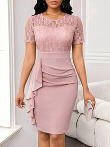 SHEIN Lady Váy dự tiệc cưới ren xếp nếp cho nữ, váy dự tiệc công sở cho nữ - Bụi hồng - Xem 4