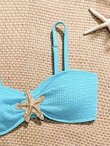 SHEIN Teen Girl Fashionable Minimalist Metal Starfish Decor Bikini Set - Blue - View 3
