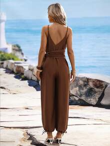 SHEIN Holidaya Women's Solid Color Casual Tropical Everyday Beach Vacation Jumpsuit Brown Summer - Brown - View 2