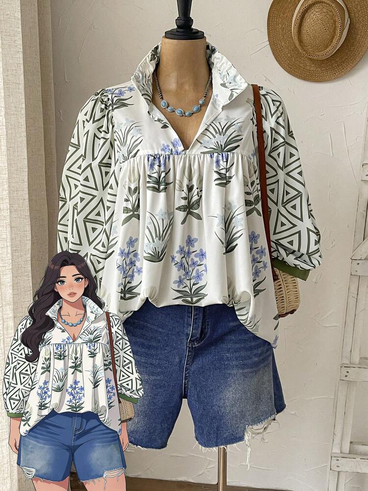 Plus Size Women Summer Casual Printed 3/4 Sleeve Shirt Summer Outfit For Women  Summer Tops Beach Outfits For Women