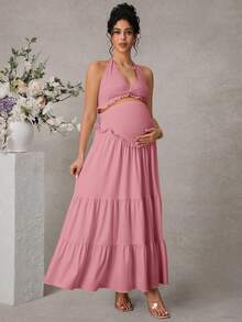 SHEIN 女款純色細肩帶扭結優雅上衣與長版孕婦裙兩件套 - 藕粉色 - 查看 5