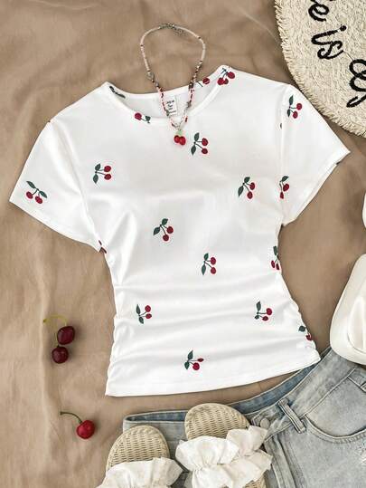 Vintage Mini Cherry Print Pattern, Chill Chill, Tween Girls Minimalist Crew Neck Waist Ruched Fitted Short Sleeve T-Shirt, Versatile For Spring/Summer, Back To School, 2000s Style, Korean Style, Autumn, Fall, Homecoming, Winter, Grunge, Striped, Easy Comfort, Stylish Kids, Hippie, Music Festival, BM, Retro Sweet American, Campus Vibe, Internet Sensation, Citywalk, Street Atmosphere, Casual Campus Sporty, Outdoor Picnic, Outings, Street Snap, Home, Campus