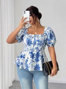 Elenzga Plus Size Women Elegant Petal Sleeve Blouse With Ruffle Trim - Baby Blue - View 3