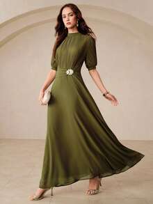 Aveloria Rosie Đầm nữ thanh lịch và trí thức bằng vải chiffon, cổ tròn, xếp ly eo, đính kim loại, dáng xòe, tay ngắn. - màu xanh lá - Xem 5