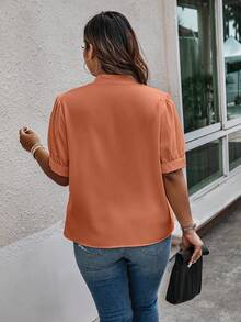 SHEIN Clasi 大尺碼夏季休閒純色泡泡袖襯衫 - 橘色 - 查看 2