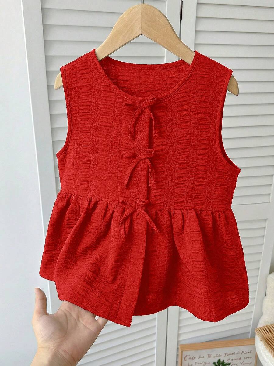 SHEIN 少女休闲日常度假纹理蝴蝶结前襟衬衫 - 紅色 - 查看 1