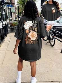 DrmWander Plus Size Summer Casual Floral Print T-Shirt - Dark Grey - View 1