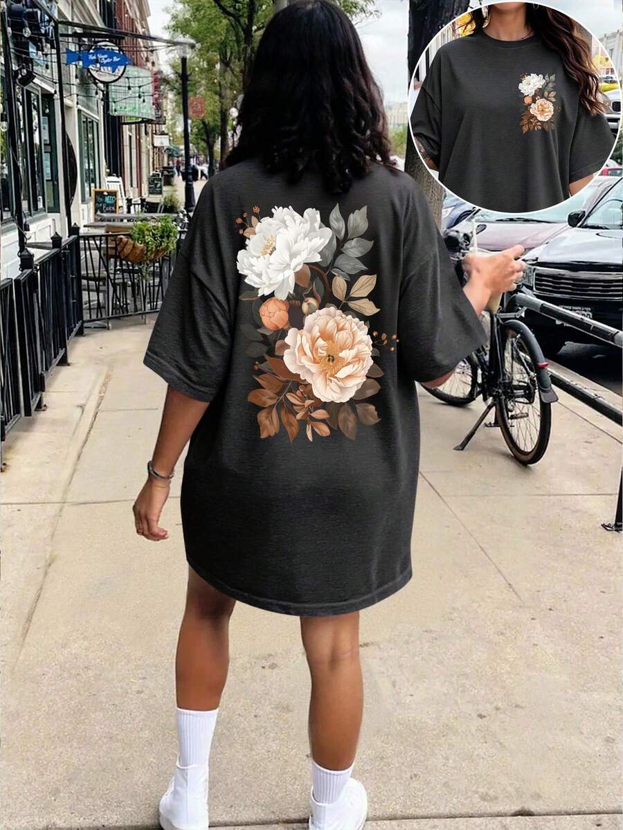 DrmWander Plus Size Summer Casual Floral Print T-Shirt - Dark Grey - View 1