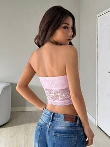 SHEIN EZwear 不对称下摆蕾丝拼接性感无袖露肩短款上衣，春夏款 - 淺粉色 - 查看 2