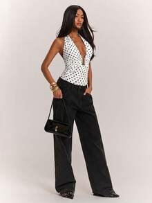 SHEIN BAE Áo hai dây cổ yếm xếp ly, khóa kim loại, in họa tiết chấm bi gợi cảm dành cho nữ. - trắng - Xem 5