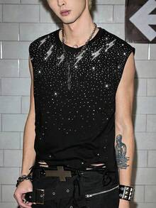 ROMWE MEN Men's Round Neck Sleeveless Shiny Street Style Tank Top, Summer - Black - View 1