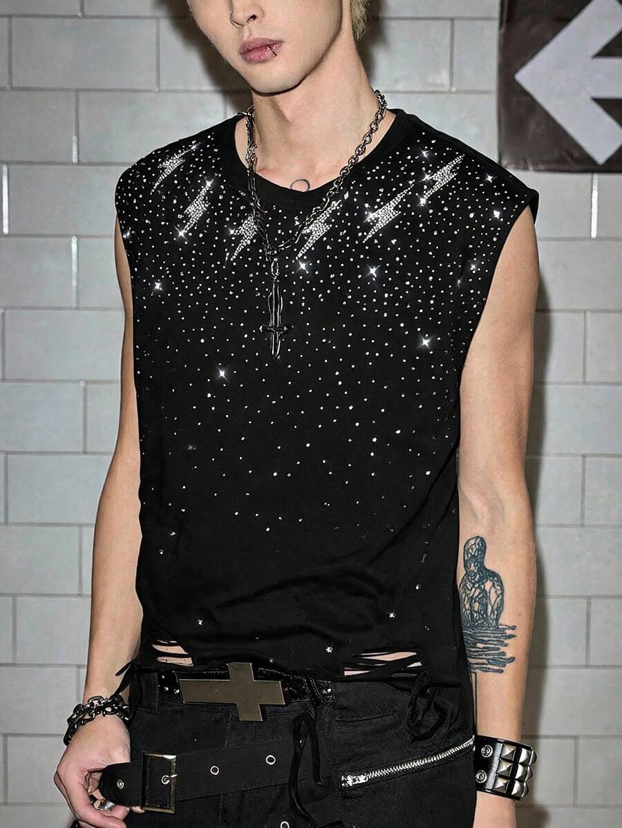 ROMWE MEN Men's Round Neck Sleeveless Shiny Street Style Tank Top, Summer - Black - View 1