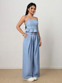 SHEIN PETITE Women Denim Two-Piece Outfits, Summer - Light Wash - View 4