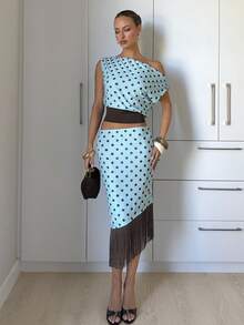 Siren Gaze Women's Summer French Retro Vacation Style Polka Dot Print Contrast Color Asymmetrical Collar Cropped Top And Mini Skirt 2-Piece Set - Multicolor - View 2