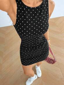 SHEIN EZwear 黑色波点印花露背紧身连衣裙 - 咖啡 - 查看 6