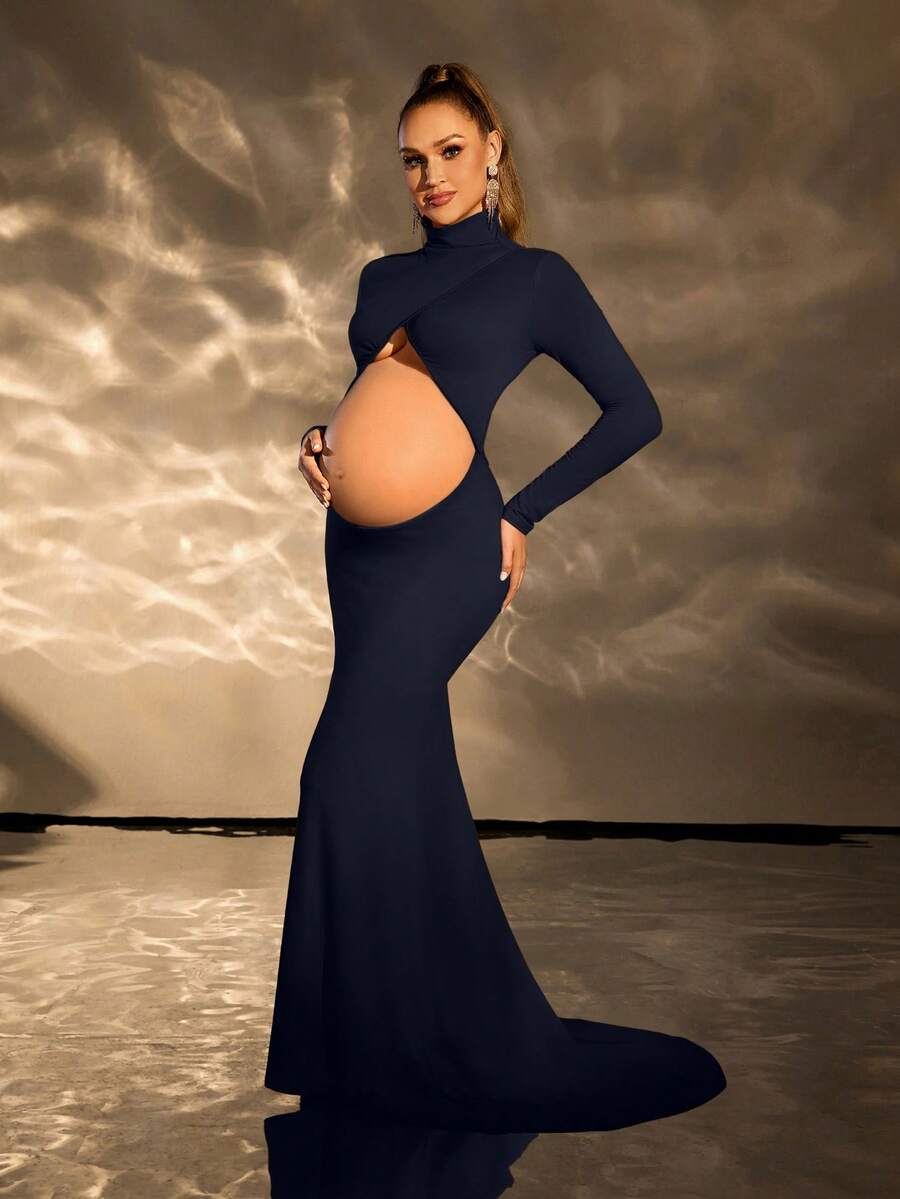 Cheriluna Maternity Đầm chụp ảnh dài tay màu trơn tối giản dành cho bà bầu - Xanh đậm - Xem 1