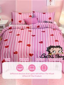 Betty Boop x SHEIN 粉色条纹爱心图案装饰被套三件套，卡通人物图案，面料光滑柔软保暖，多种尺寸可选，适用于单人床/双人床/大号床/特大号床，创意礼品，适合派对、节日、复古床上用品。 - 混色 - 查看 7