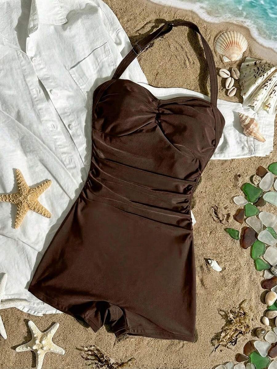 SHEIN Teen Girl Black One-Piece Halter Ruched Swimsuit, Minimalist Fitted Swimwear - Brown - View 1