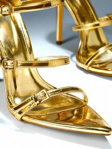 SHUZIA Giày sandal cao gót mũi nhọn đế đơn bằng da giả PU màu vàng ánh kim ánh kim lấp lánh, kiểu dáng dễ thương, gợi cảm, thích hợp cho đám cưới, tiệc tùng, kỳ nghỉ, mùa xuân, hộp đêm, phong cách hot girl mùa hè. - Vàng - Xem 7