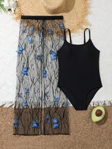 Baju Renang Terusan Polos untuk Anak Perempuan Remaja dengan Atasan dan Celana Berbahan Jala Motif Kupu-kupu 3D untuk Liburan Pantai - Hitam - View 1