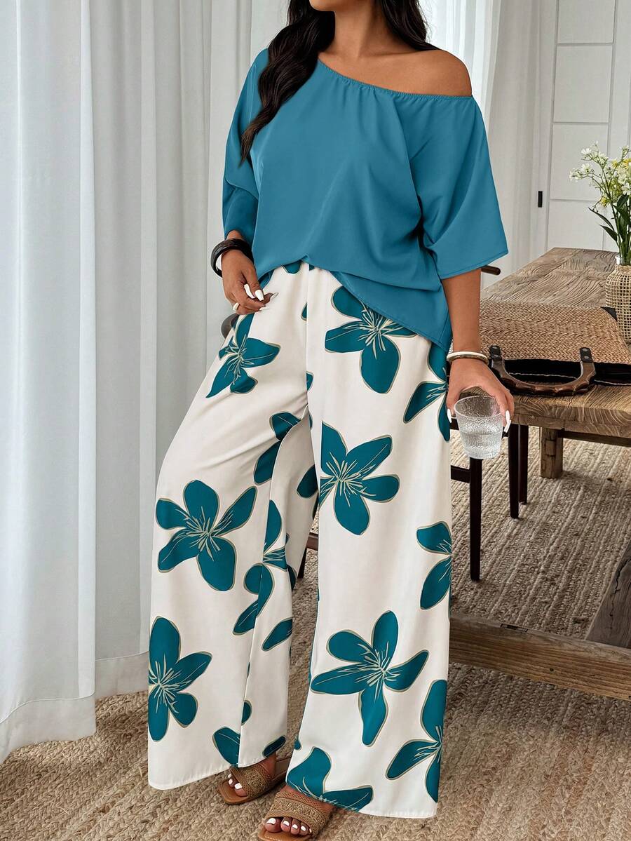 Weeklong Plus Size Solid Color Asymmetric Collar Top And Floral Print Wide Leg Pants Casual 2-Piece Set Fall - Multicolor - View 1