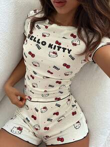 HELLO KITTY | DAZY 女款字母與卡通印花上衣短褲休閒家居睡衣套裝 夏季 - 白色 - 查看 1