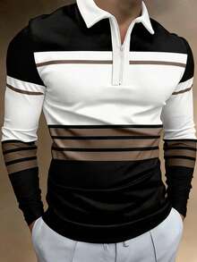 Calvornis 男士半拉鍊條紋 Polo 衫，長袖黑白條紋拼接正式休閒 Polo 衫，適合登山、秋季、幽默丈夫、秋季、儀式 - 黑與白 - 查看 1
