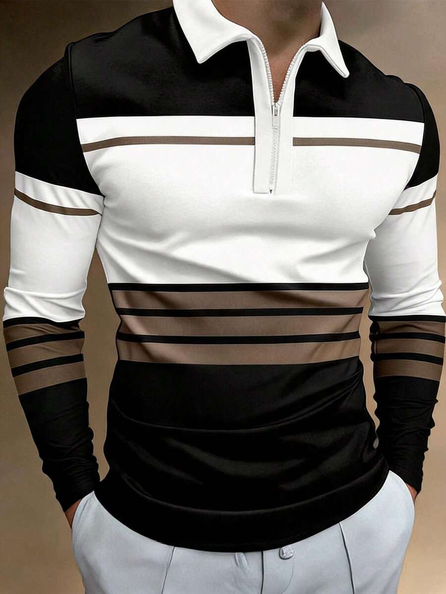 Calvornis 男士半拉鍊條紋 Polo 衫,長袖黑白條紋拼接正式休閒 Polo 衫,適合登山、秋季、幽默丈夫、秋季、儀式 - 黑與白 - 查看 1