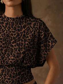 SHEIN BAE Women's Leopard Print Pleated Short Sleeve Casual T-Shirt,Summer Top - Multicolor - View 6
