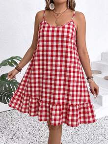 SHEIN LUNE Plus Size Plaid Minimalist Casual Slip Dress - Red - View 6