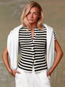 Athîral Women's Casual Colorblock Striped Short Sleeve Top, Summer,Summer Top - Black and White - View 3