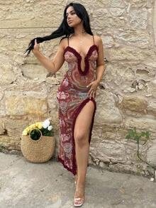 Vassilux Vestido midi de fiesta ajustado con estampado floral, sin mangas, con volantes y recortes - Marrón - Ver 5