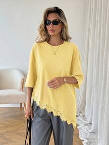 SHEIN Tall CURVE Plus Size Solid Color Minimalist Short Sleeve T-Shirt - Pale Yellow - View 3