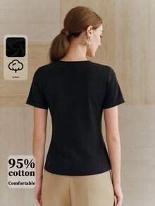 Anewsta Áo thun nữ tay ngắn cổ tròn in hoa đính đá, thích hợp mặc hàng ngày vào mùa hè. - màu đen - Xem 2