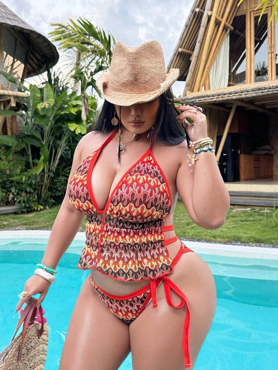 Swim SXY 大码女士撞色露背系带吊带背心式上衣和三角吊带背心式泳裤套装,适合夏季度假 - 彩色 - 查看 1