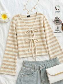 SHEIN EZwear 条纹棉质针织休闲系带喇叭袖上衣，米色和白色 - 彩色 - 查看 3